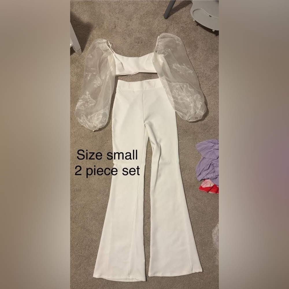 White Two-Piece Set with Sheer Sleeves